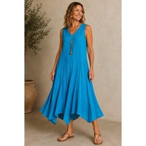 ABACA Womens Blue Sleeveless Midi Dress Small Boho Lagenlook Flowy Artsy